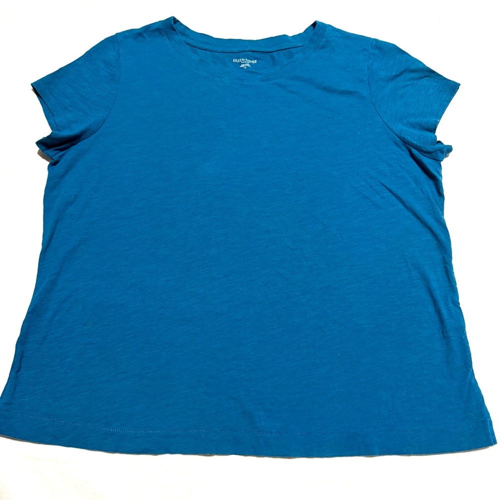 Eileen Fisher Short Sleeve Crewneck 100% Organic Cotton Tee Blue 1X Minimalist